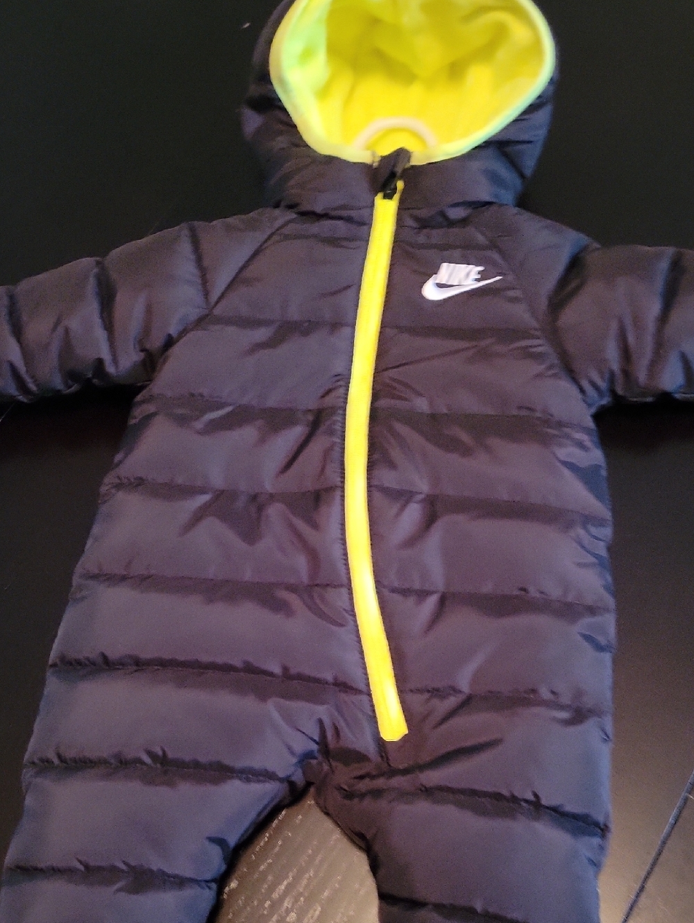 Nike Infant Puffer Bunting in Black with Neon Yellow Trim